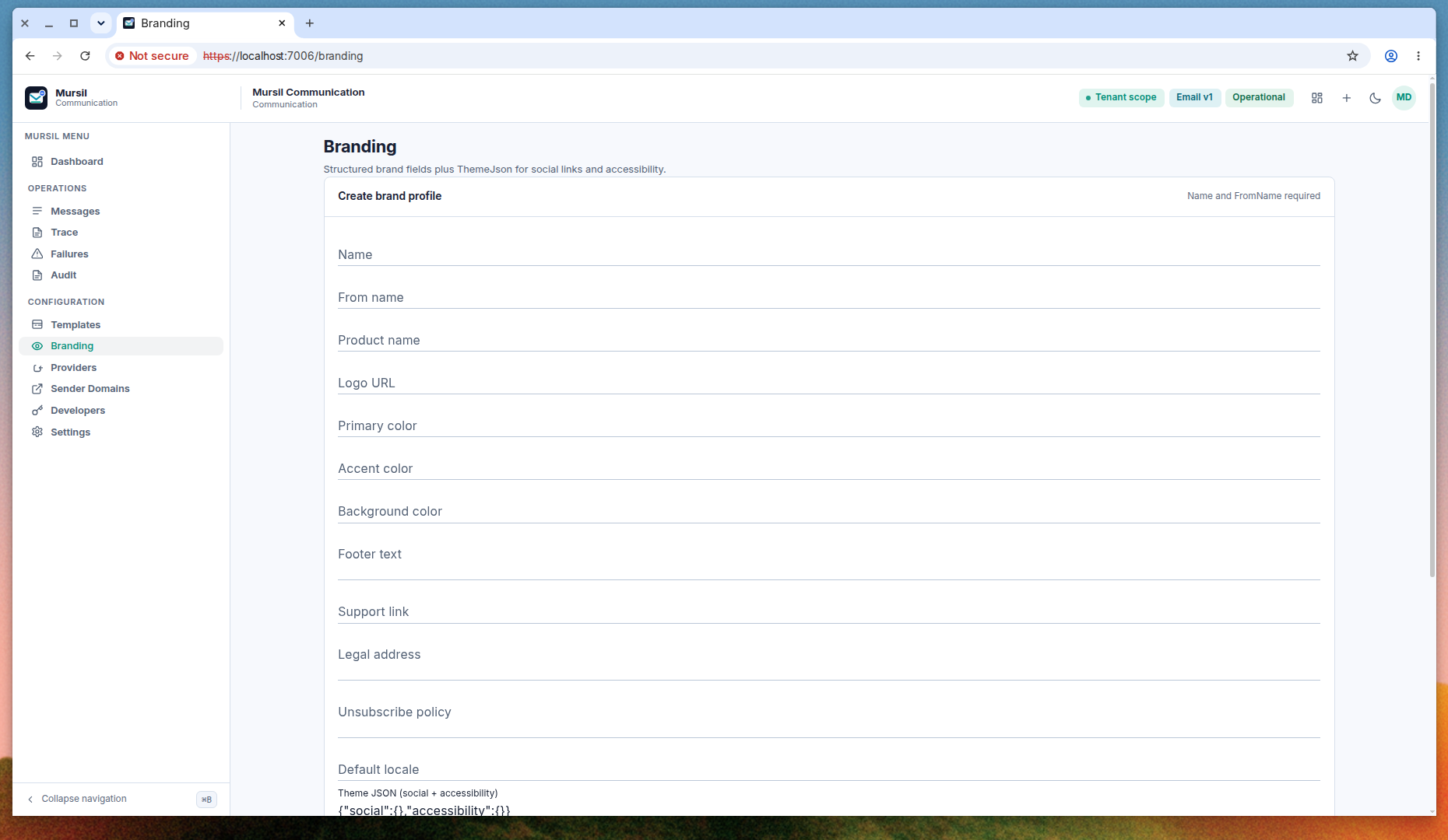 Branding, Create brand profile, Name and From name at the top