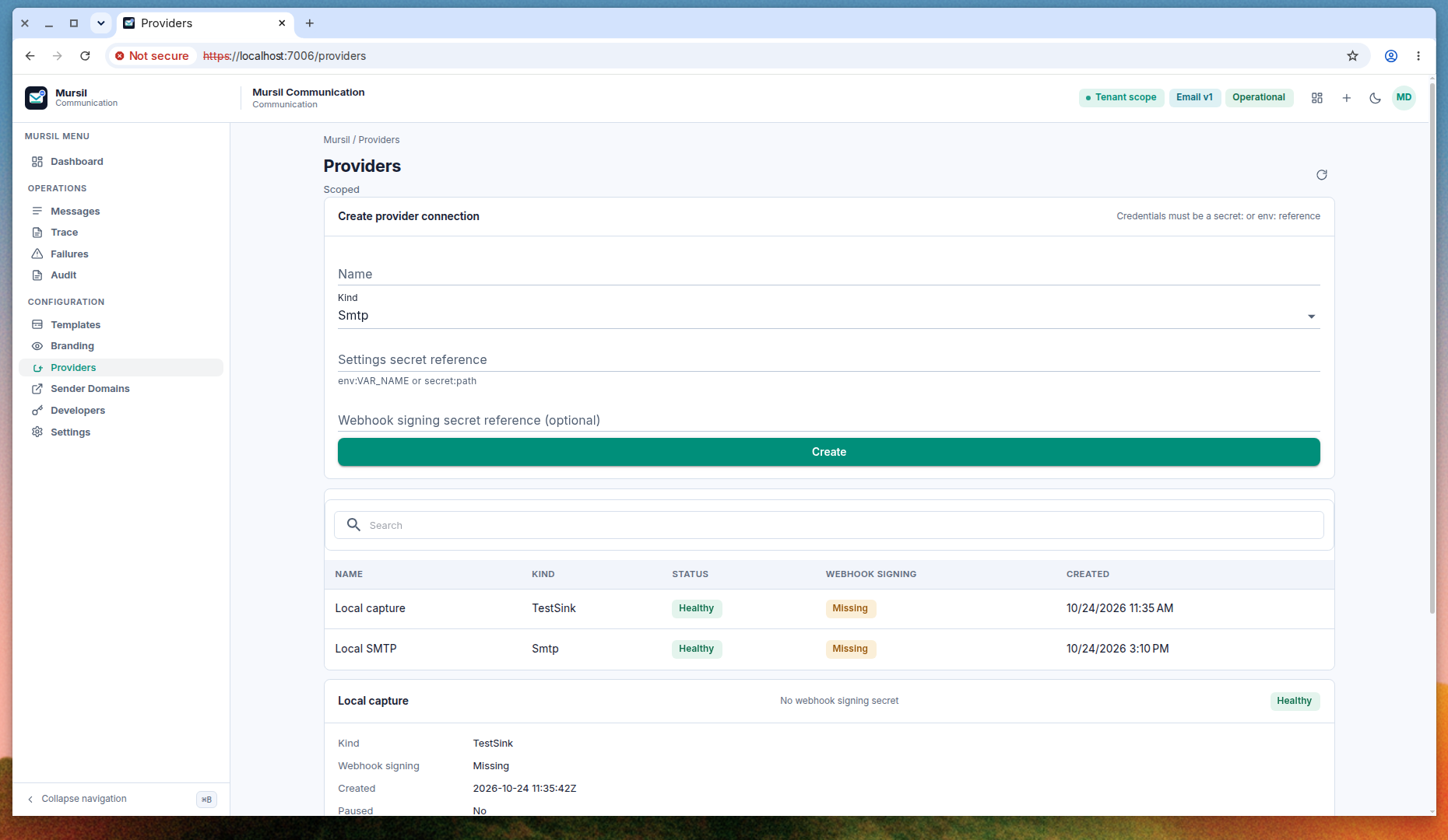 Providers, create form and two local rows