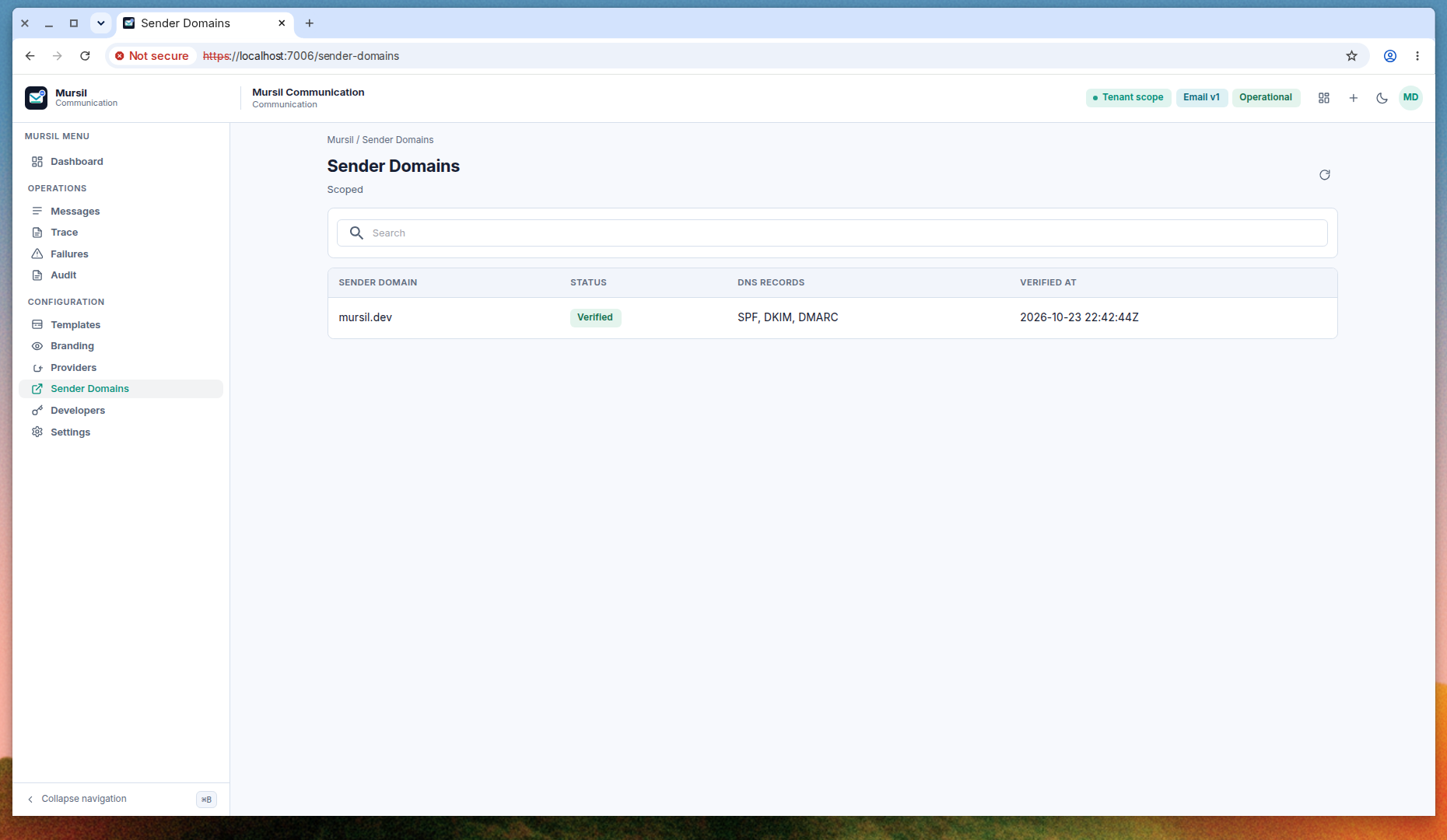 Sender domains, mursil.dev verified