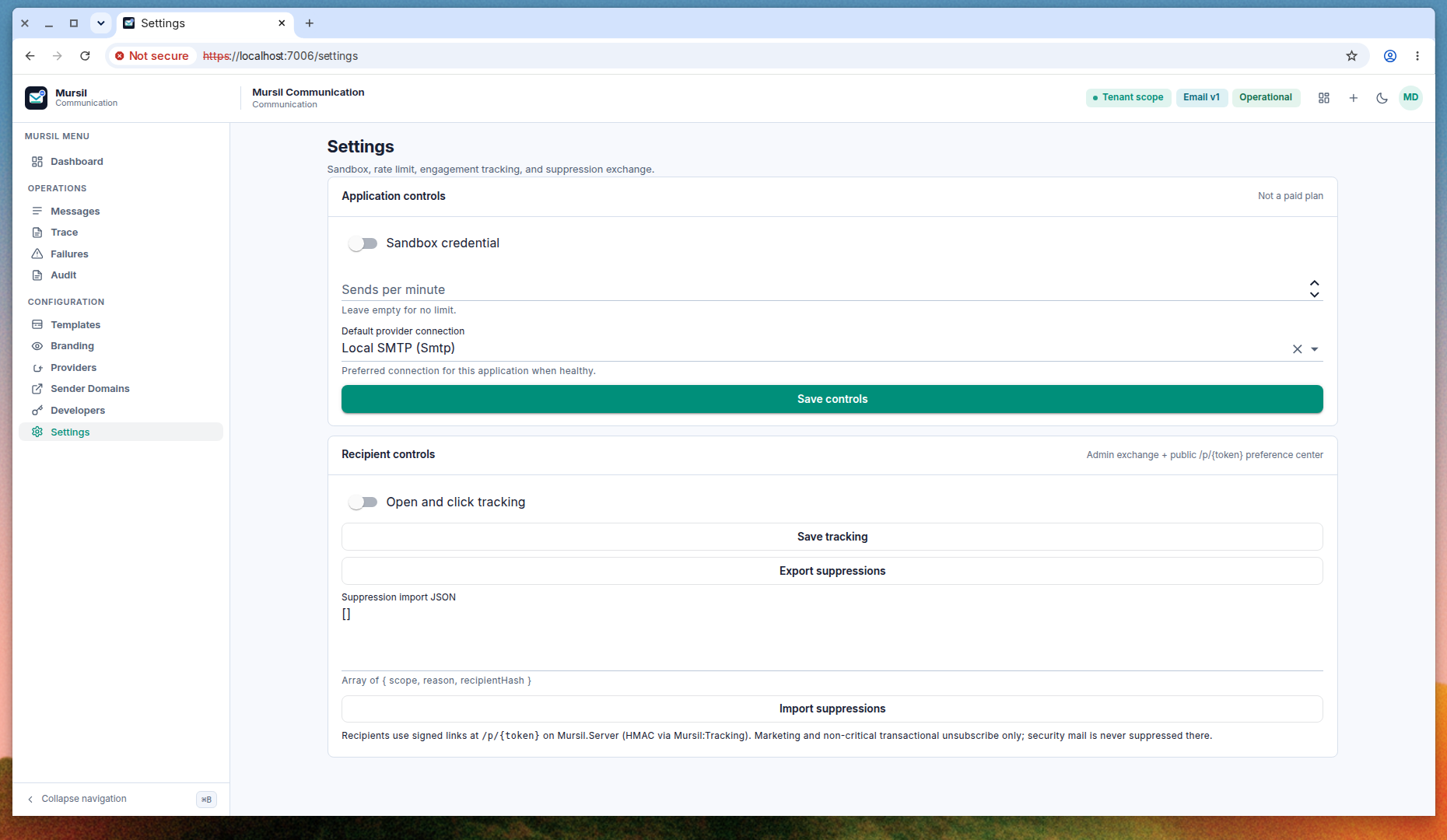 Settings, sandbox off, Local SMTP selected, tracking off